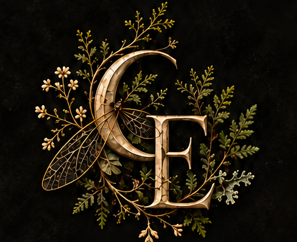 The Chance Encounters CE monogram: a crescent moon forms the C among fine branches and an insect wing